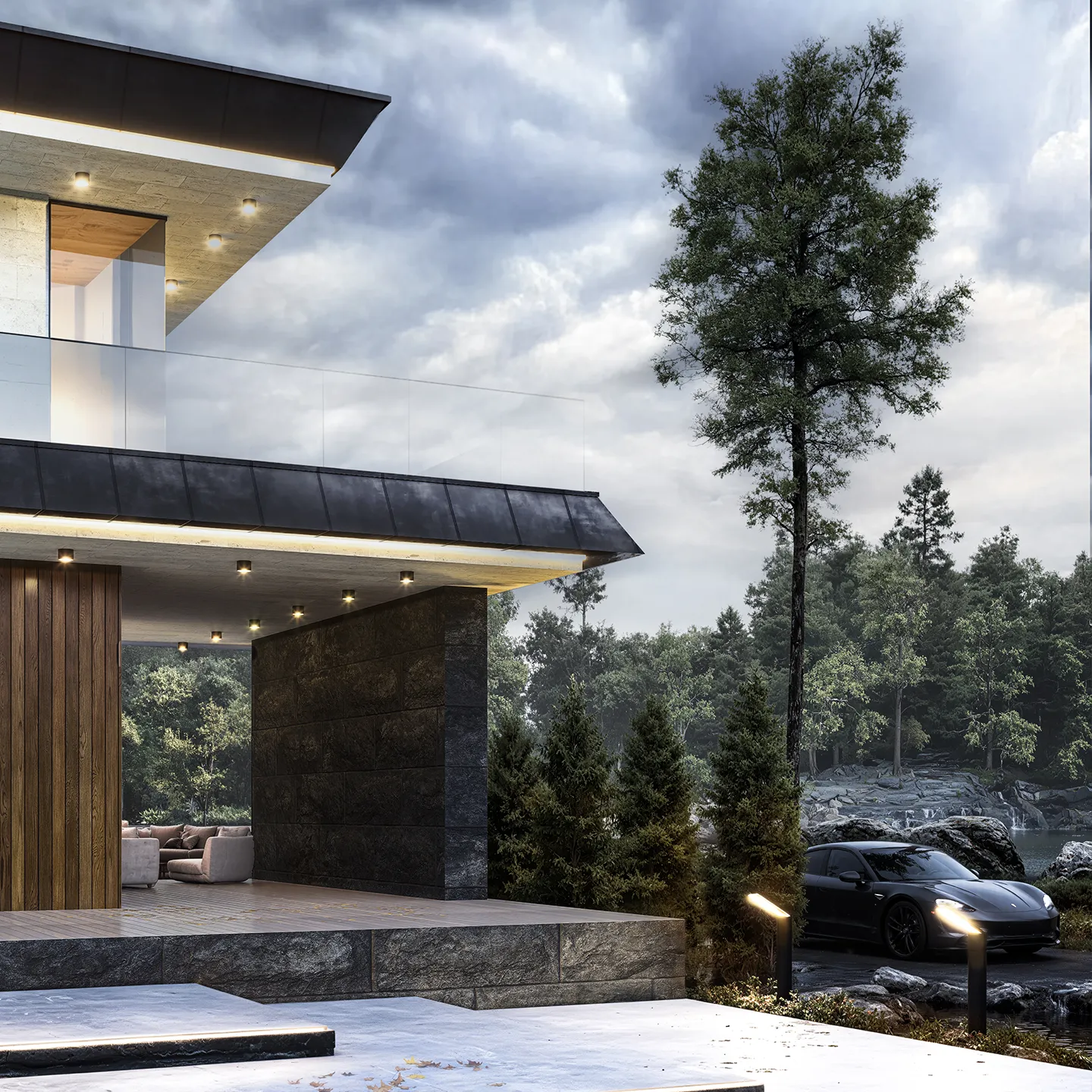 Минималистичный фасад в сумерках