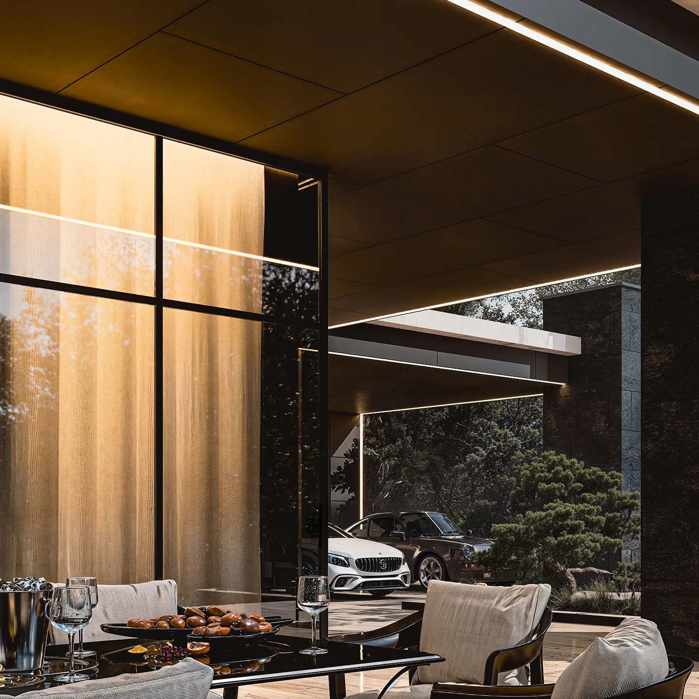 Минималистичный фасад в сумерках